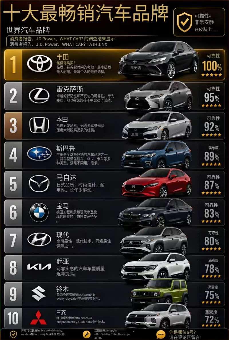 🚗 刷到一份全球十大最可靠汽车品牌的榜单！🌍

丰田直接拿下金牌第一，说实话
