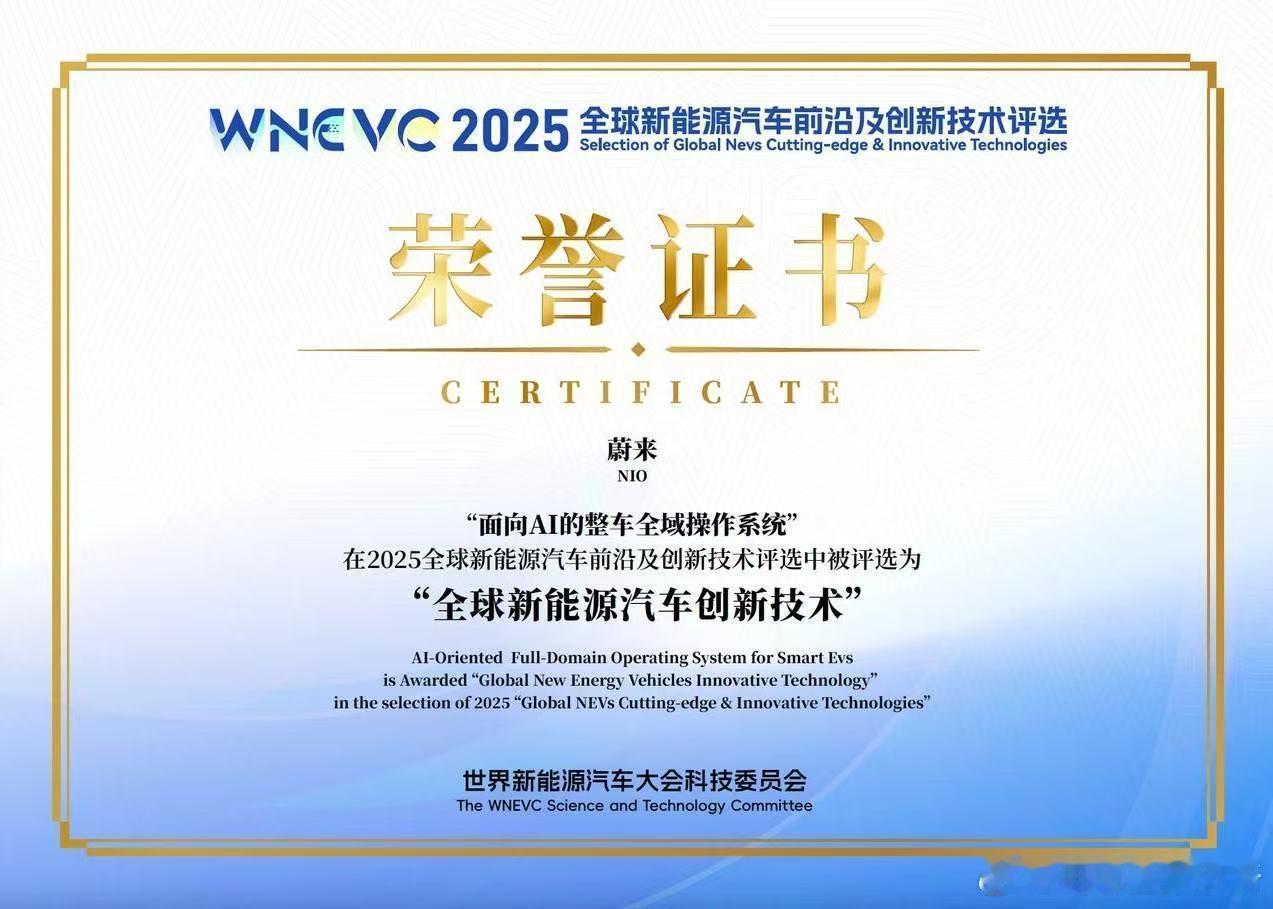 2025世界新能源汽车大会，蔚来整车全域操作系统「SkyOS·天枢」获评「全球新