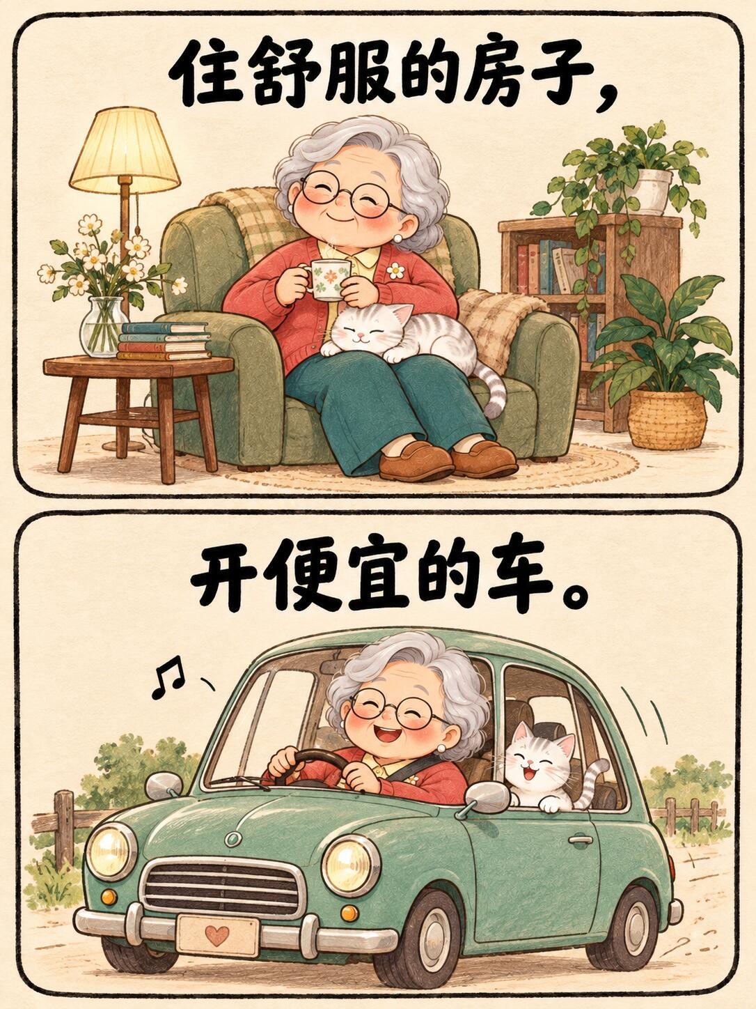 以为60岁才看开，现在就感同身受了，房子够住，豪车没必要，对我来说，成本越低就好