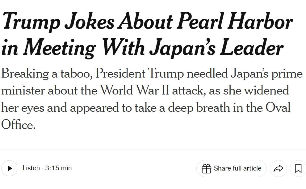 特朗普表示今日美国和二战日本一样，喜欢偷袭
当地时间周四，特朗普在椭圆形办公室与