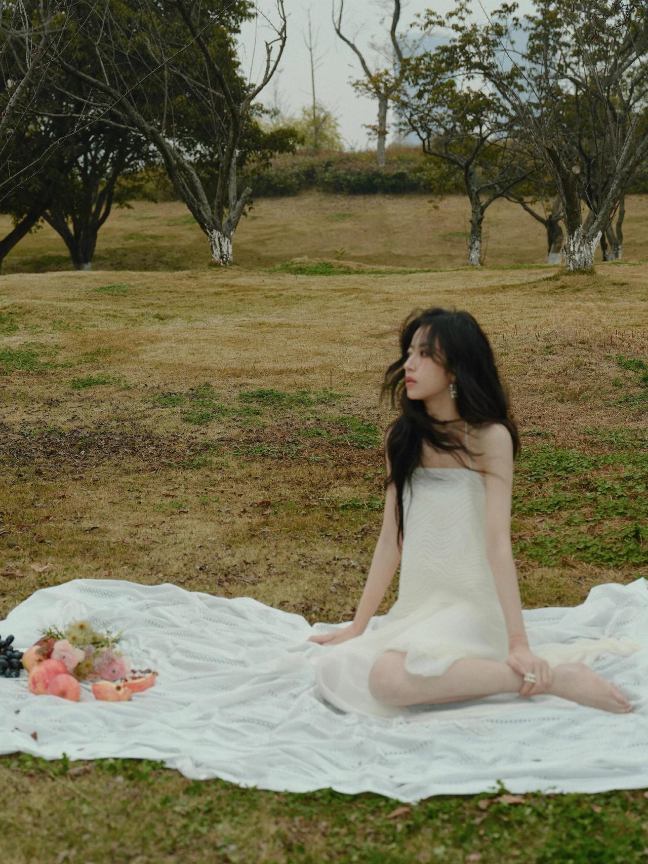 周雨彤风把发梢卷成波浪
白裙沾了草屑与阳光
石榴裂开甜香
葡萄串垂在布上
像昨夜