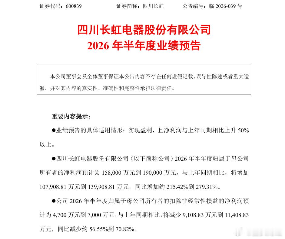 四川长虹发布上半年业绩预告：账面繁荣，主业疲软7月15日晚，四川长虹（60083