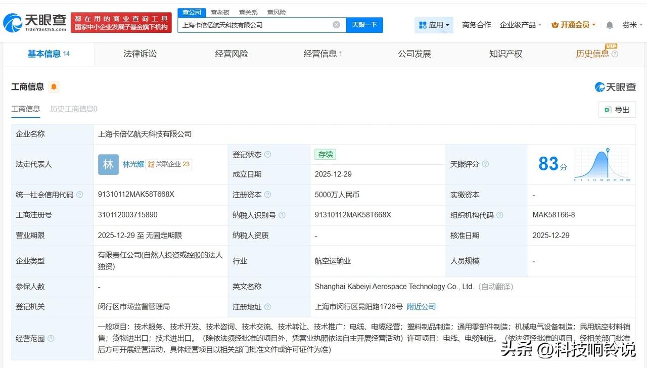 【卡倍亿在上海成立航天科技公司 注册资本5000万】
天眼查App显示，近日，上