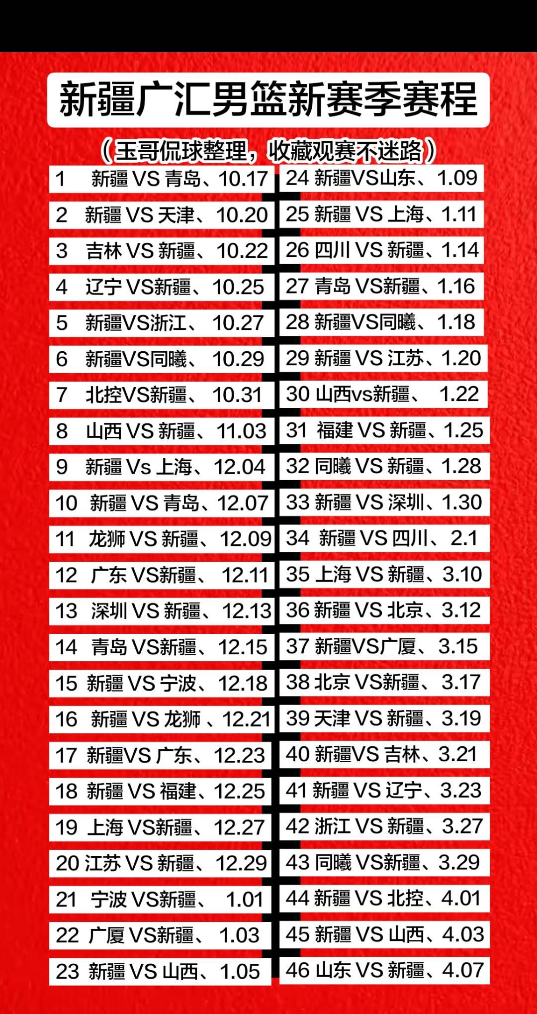 欢迎收藏新疆广汇男篮新赛季全部赛程！新疆男篮赛程 新疆广汇男篮赛程 真实生活分享