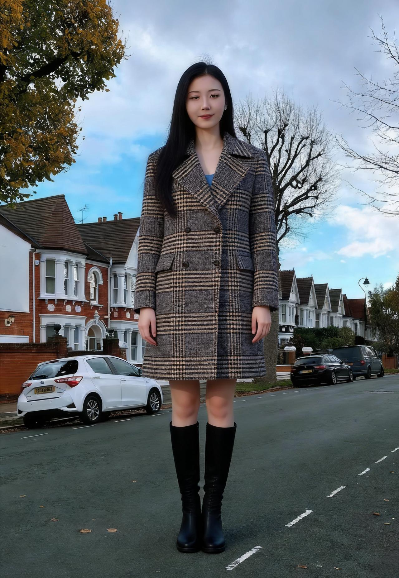 伦敦的街是一幅油画
红墙白窗，落叶铺地
她是画里最醒目的坐标
格纹大衣的棕与黑