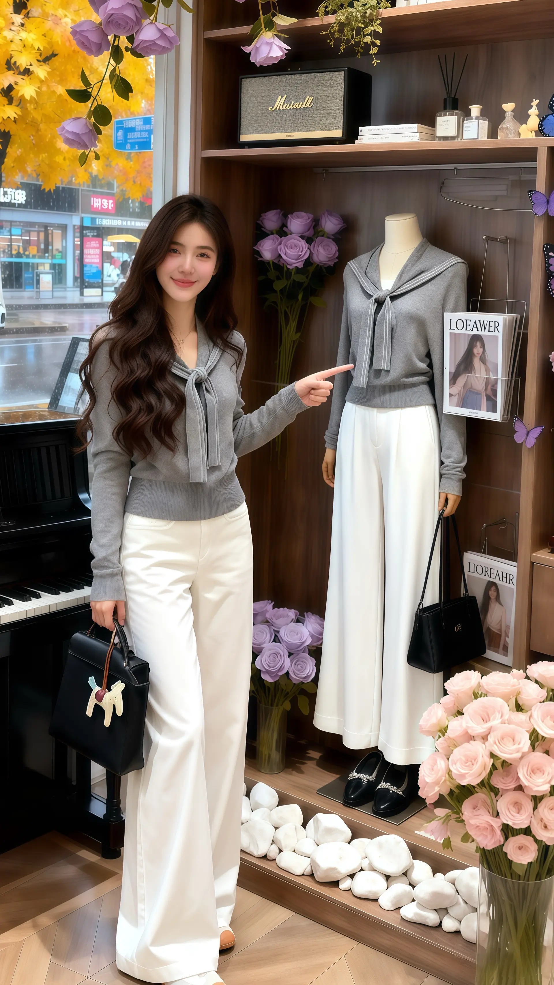 她穿着一套格雷系灰色披肩针织衫白色直筒牛仔裤两件套，在温馨的室内转角...