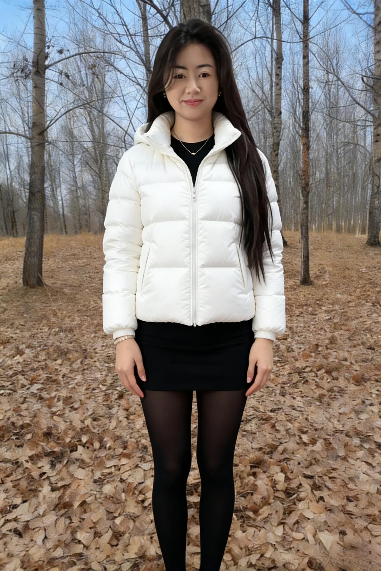 素衣如雪映秋光，黑裙如墨衬清霜。
林间树影摇清韵，阶下落叶铺金裳。
长发轻垂拂风