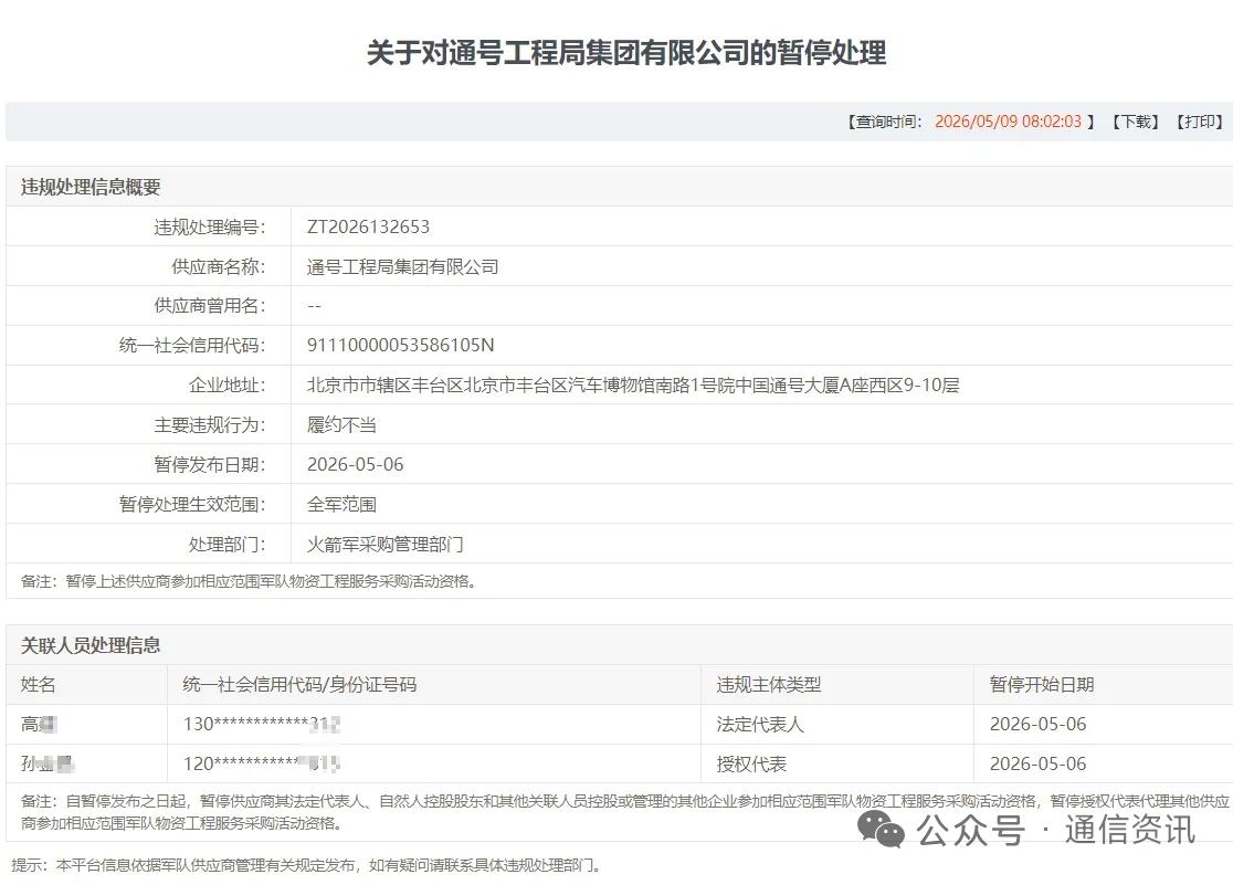 突发利空！中国通号两家核心子公司全军采购资格被暂停
 
2026年5月9日消息，