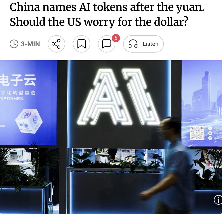 外媒：中国将AI术语"token"官方译为"词元"，其中"元"与货币单位"元"同