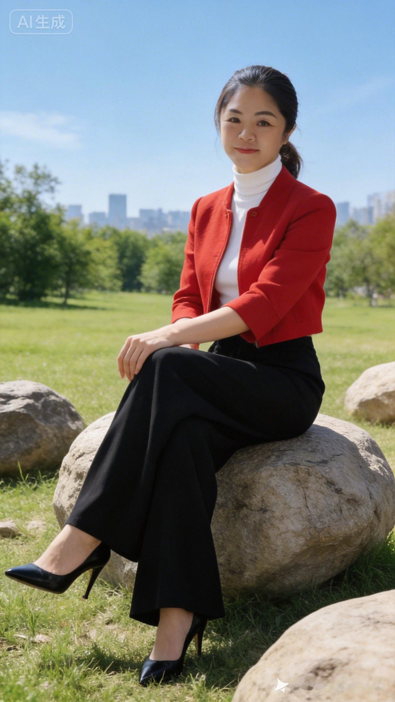 一位女士坐在草地上，背景是城市天际线。