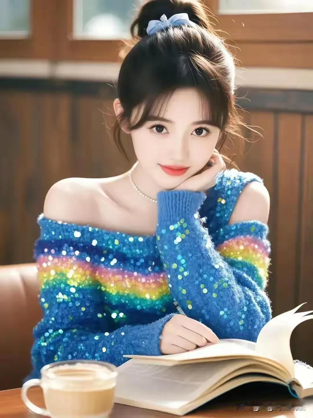 今天在咖啡馆看到一个元气少女，她穿着彩虹毛衣学习，简直太吸睛啦！
说起彩虹毛衣，