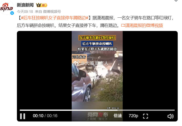 后车狂按喇叭女子直接停车蹲路边    这段视频，有点像昆山龙哥被砍杀案件的前奏呀