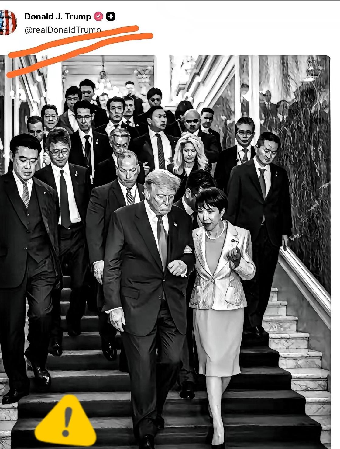 特朗普完成对日本的访问，离开后随即在就自己的社交媒体发布了如下照片。

寓意深刻