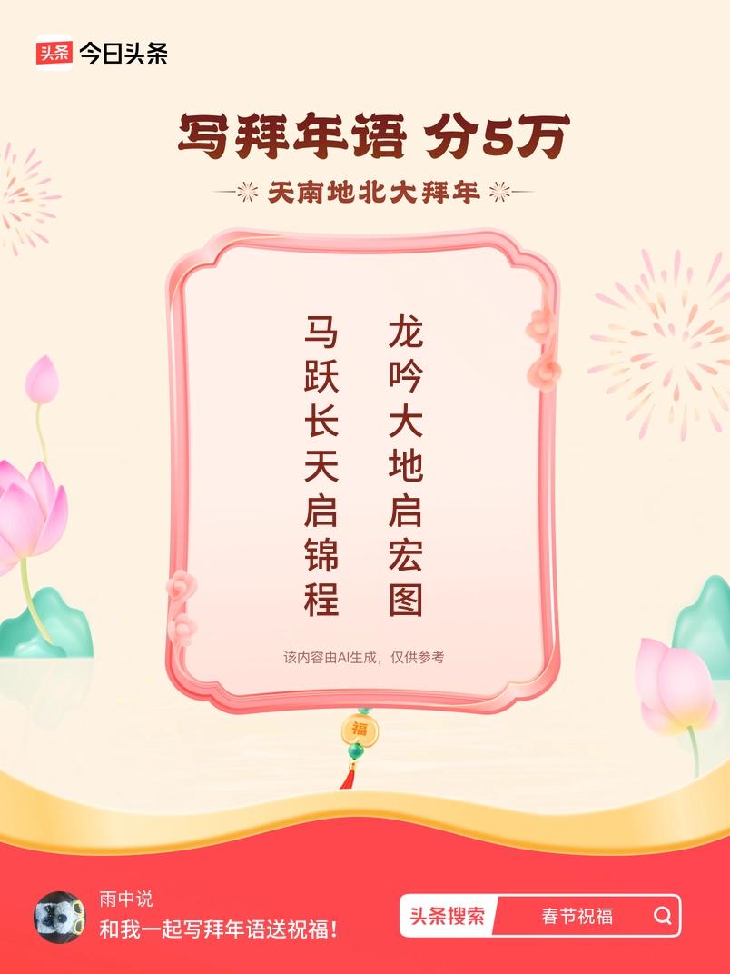 写拜年语送祝福新春拜年送祝福！我的祝福是：“马跃长天启锦程，龙吟大地启宏图”！快