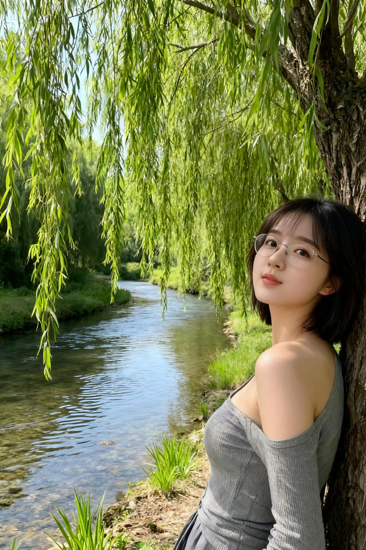 沁园春·溪岸柳荫行
 
软柳垂丝，碧涧流泉，晴光映波。看溪湾浅处，苔痕叠翠；风前