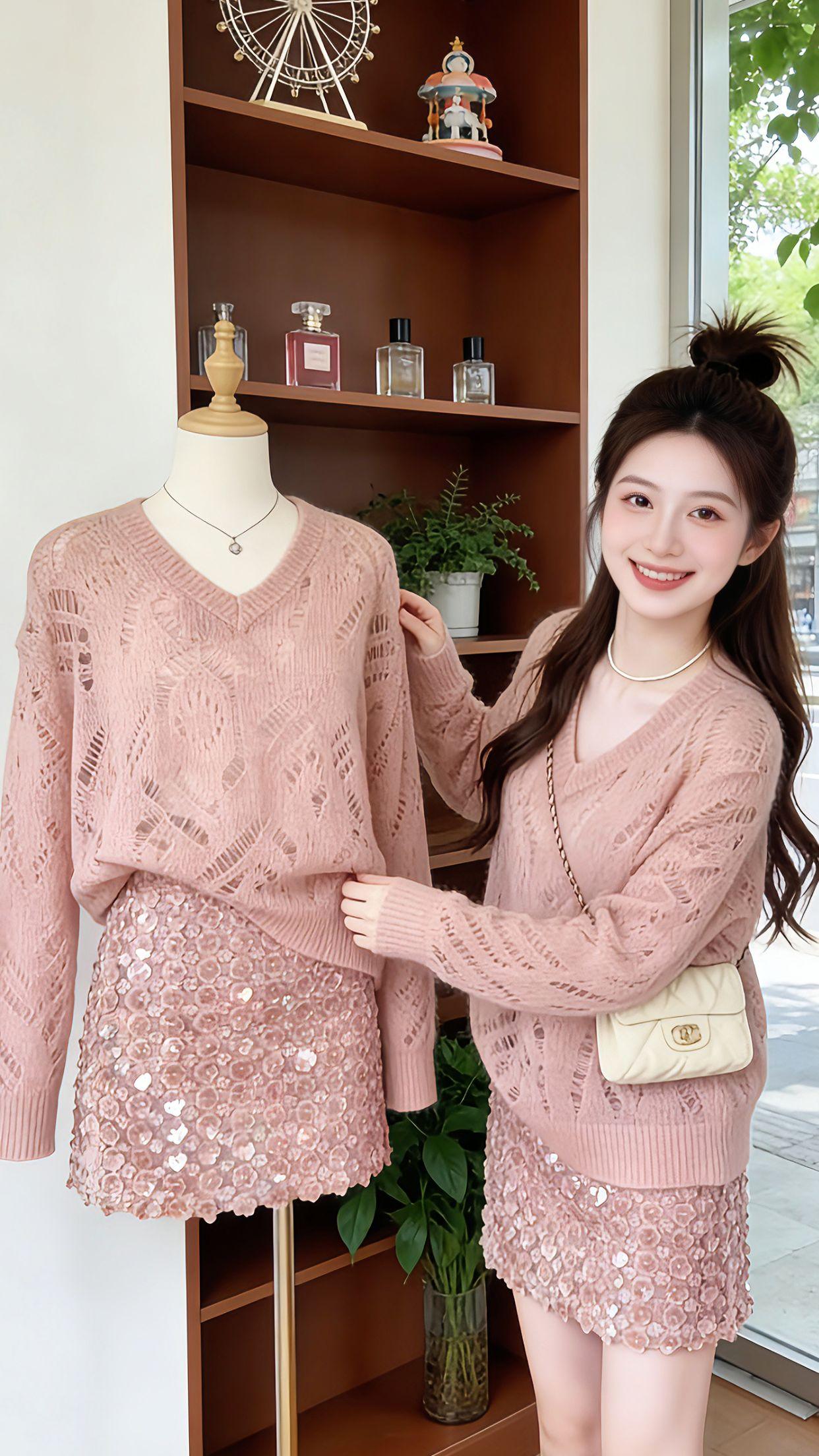 Danny的春日温柔穿搭来啦！这套粉色套装也太有氛围感了，软fufu的镂空针织上