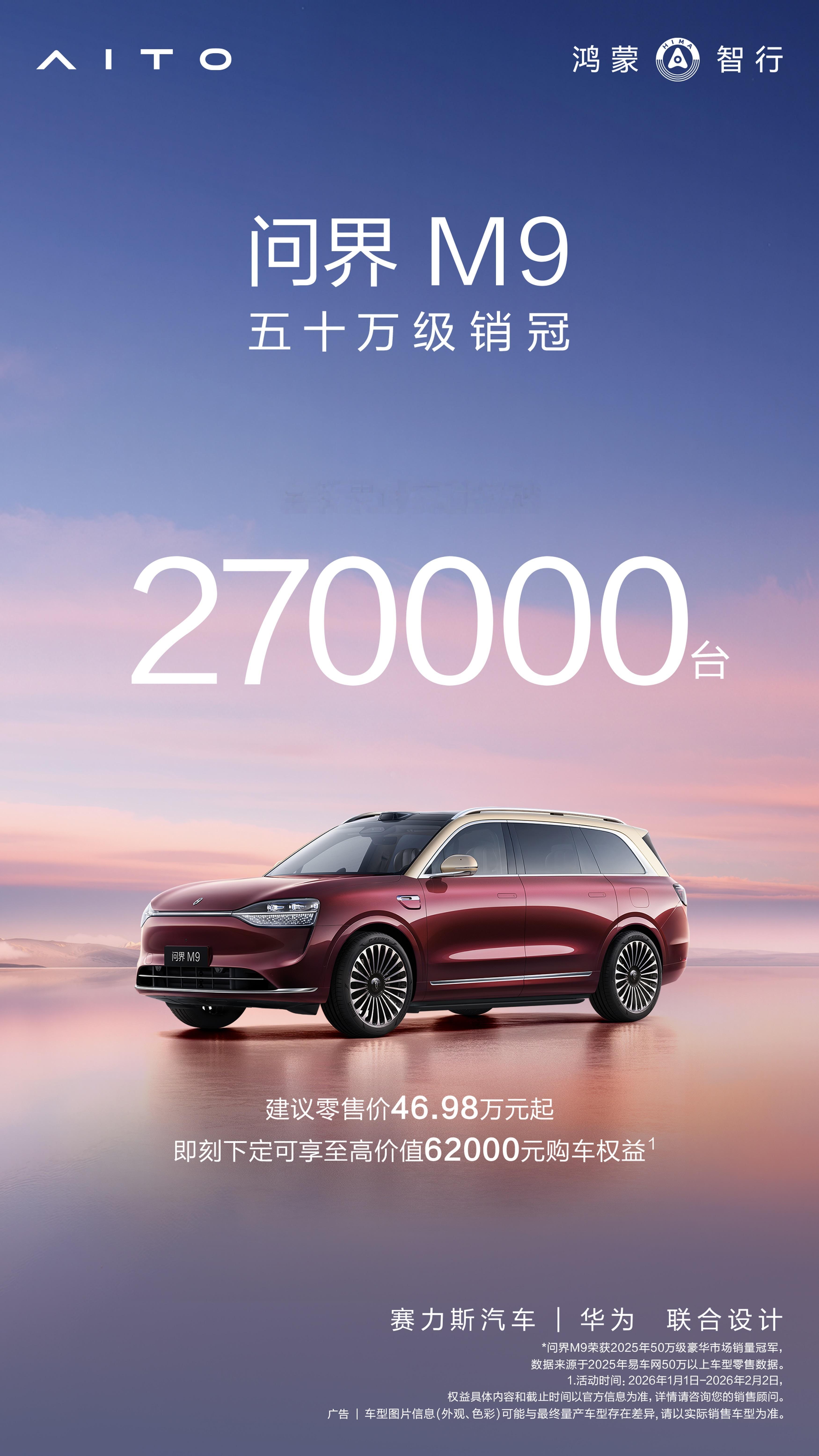 不止是销量冠军，更是价值标杆！问界M9累计交付已破27万辆，累计21个月在50万