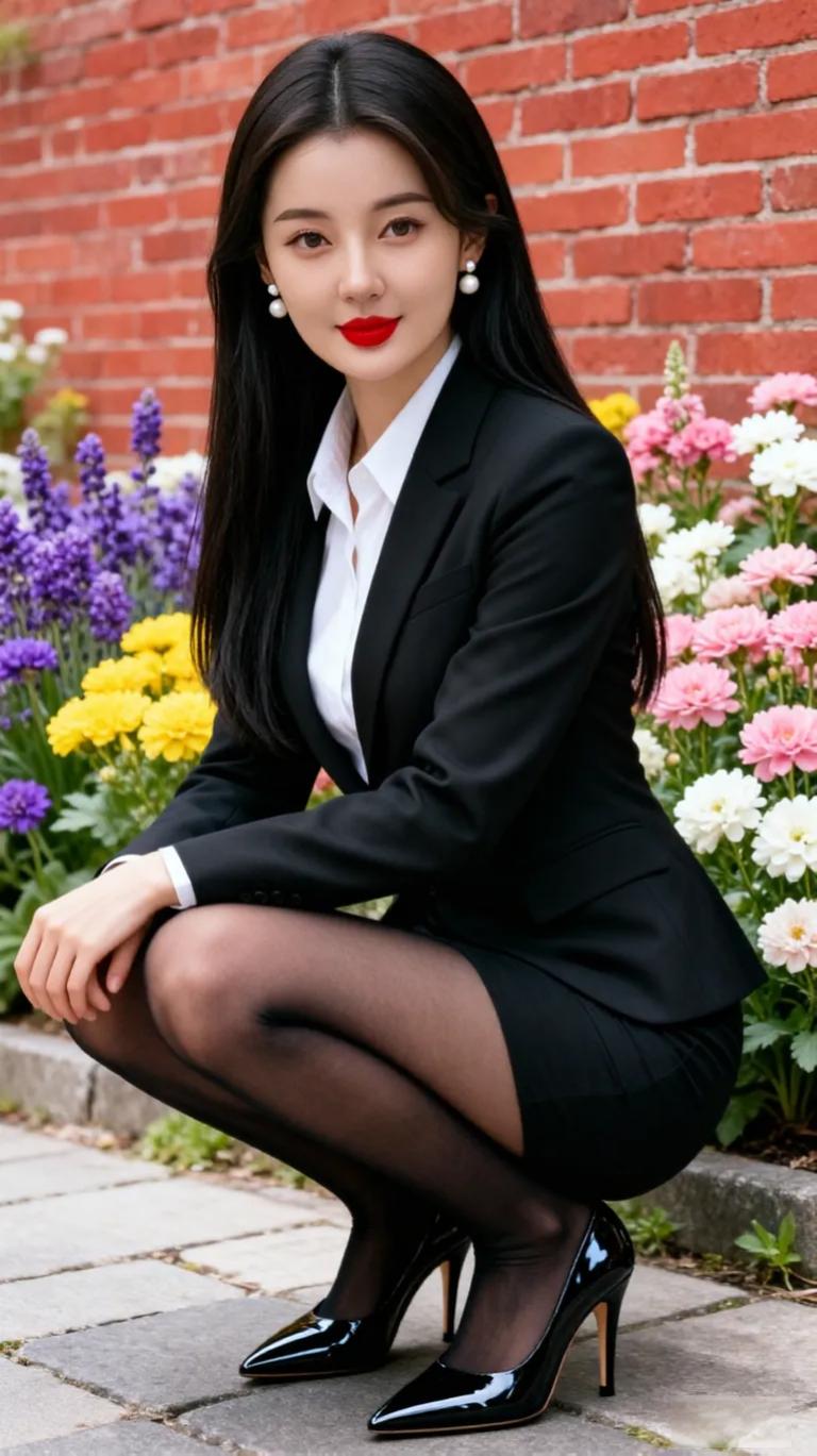 职场女神的优雅姿态，红唇黑裙，尽显魅力！