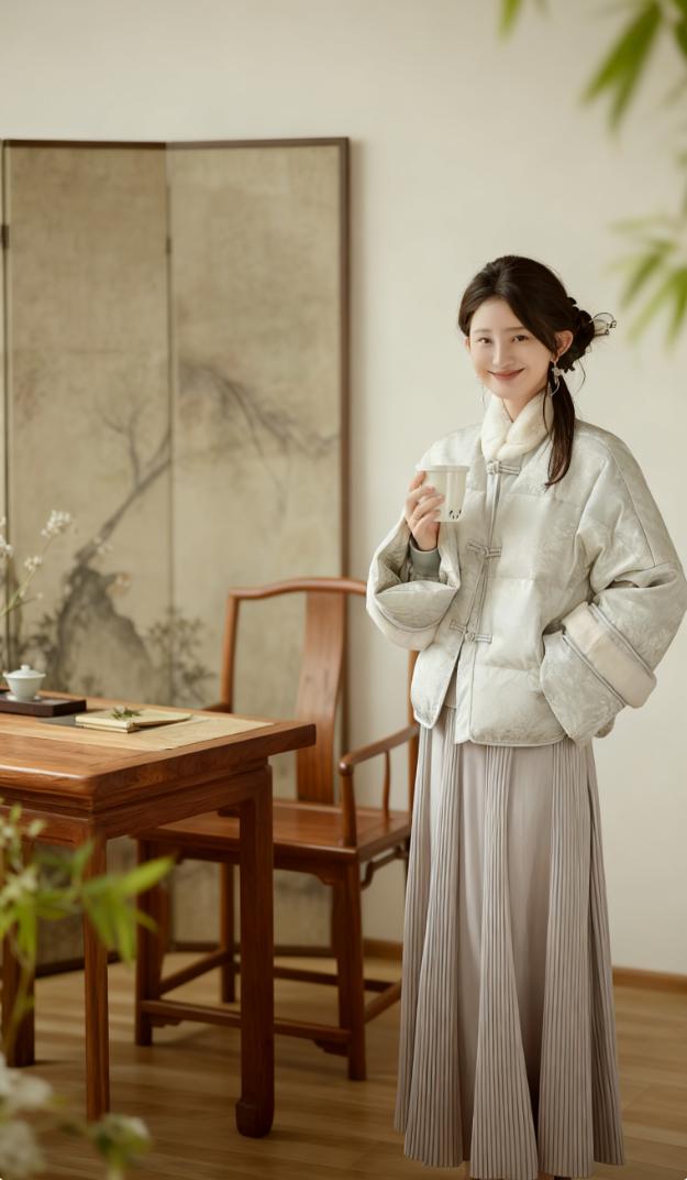 盘扣提花白鸭绒羽绒服女