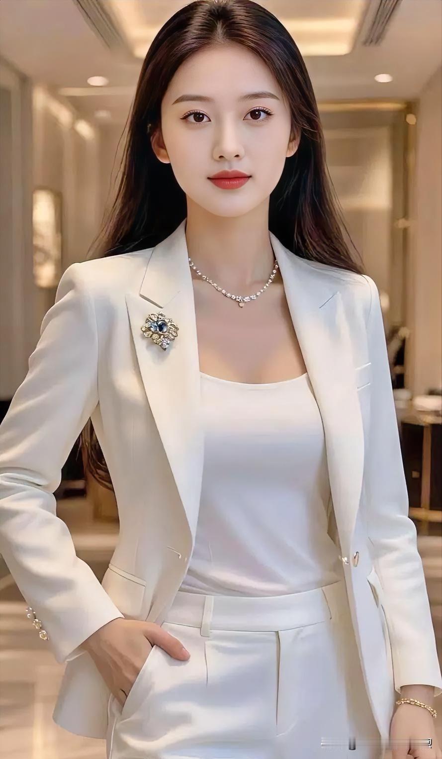 素白西装剪裁利落，温润珠光流转，于极简中彰显从容气场，干练而不失女性柔美。