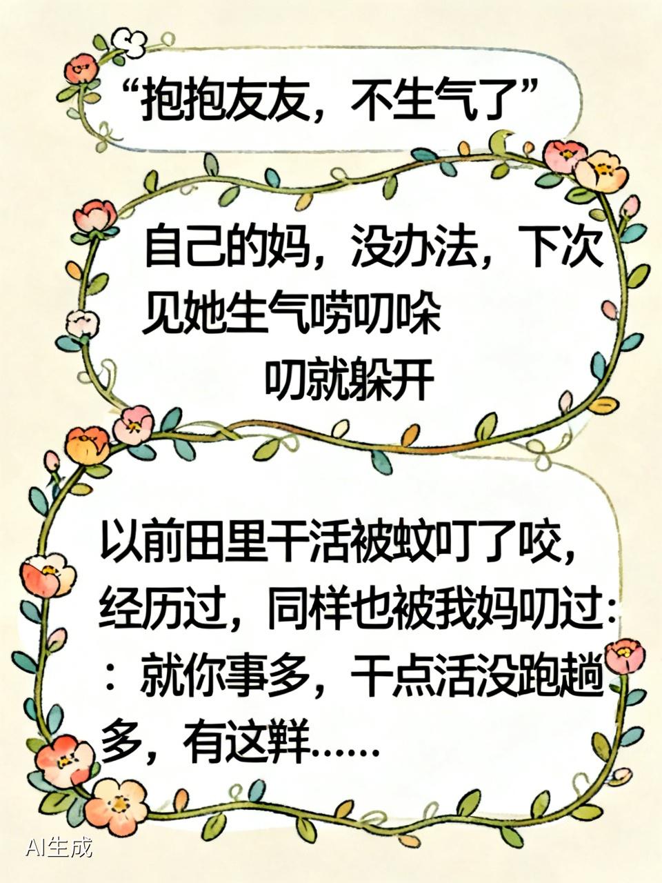 抱抱友友，不生气了，自己的妈，没办法，下次见她生气唠叨就躲开，…
以前田里干活被