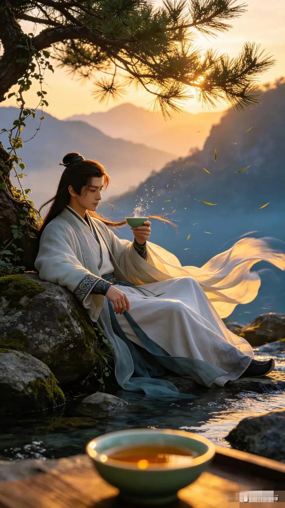 上联：暮临松涧风斟酒
下联：举杯邀月影三人