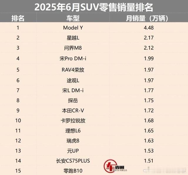 2025年6月SUV销量榜出炉，Model Y和问界M8表现亮眼！Model Y