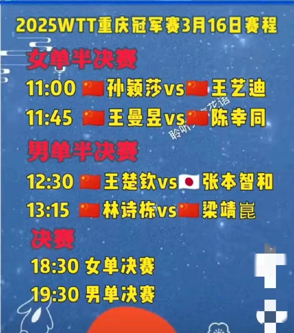 重庆冠军赛今天产生冠军，王曼昱OR孙颖莎？王楚钦OR林诗栋？具体赛程；

半决赛