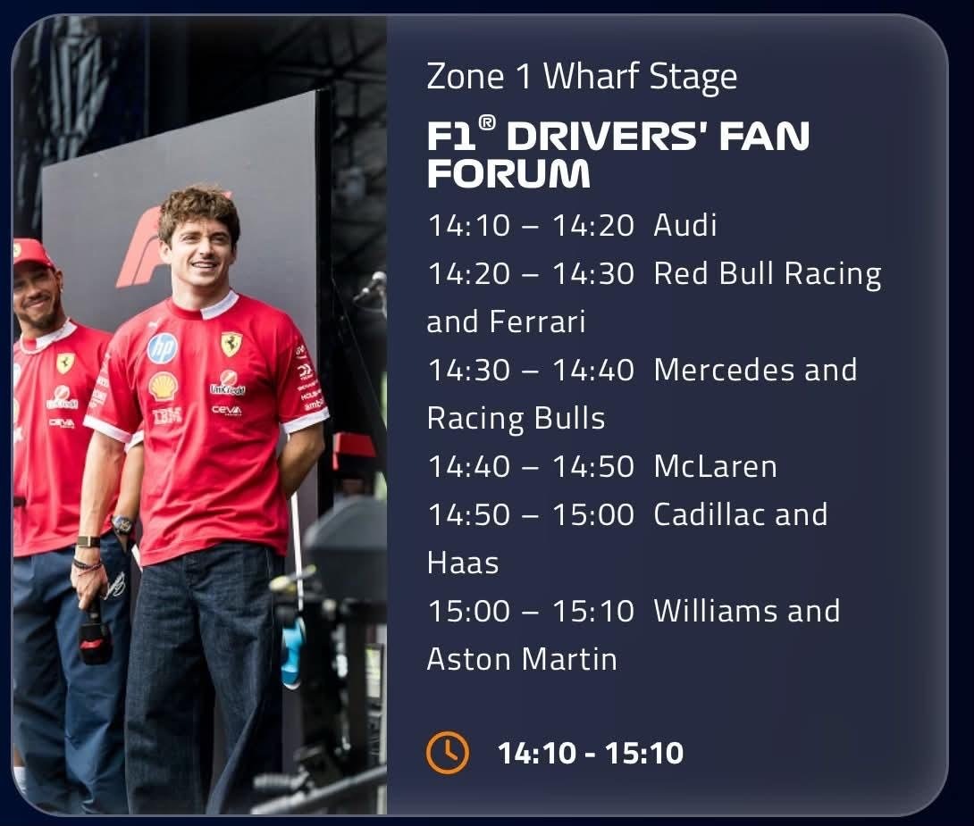 本周fan stage时间表：Charles和红牛一组2026f1新加坡大奖赛 