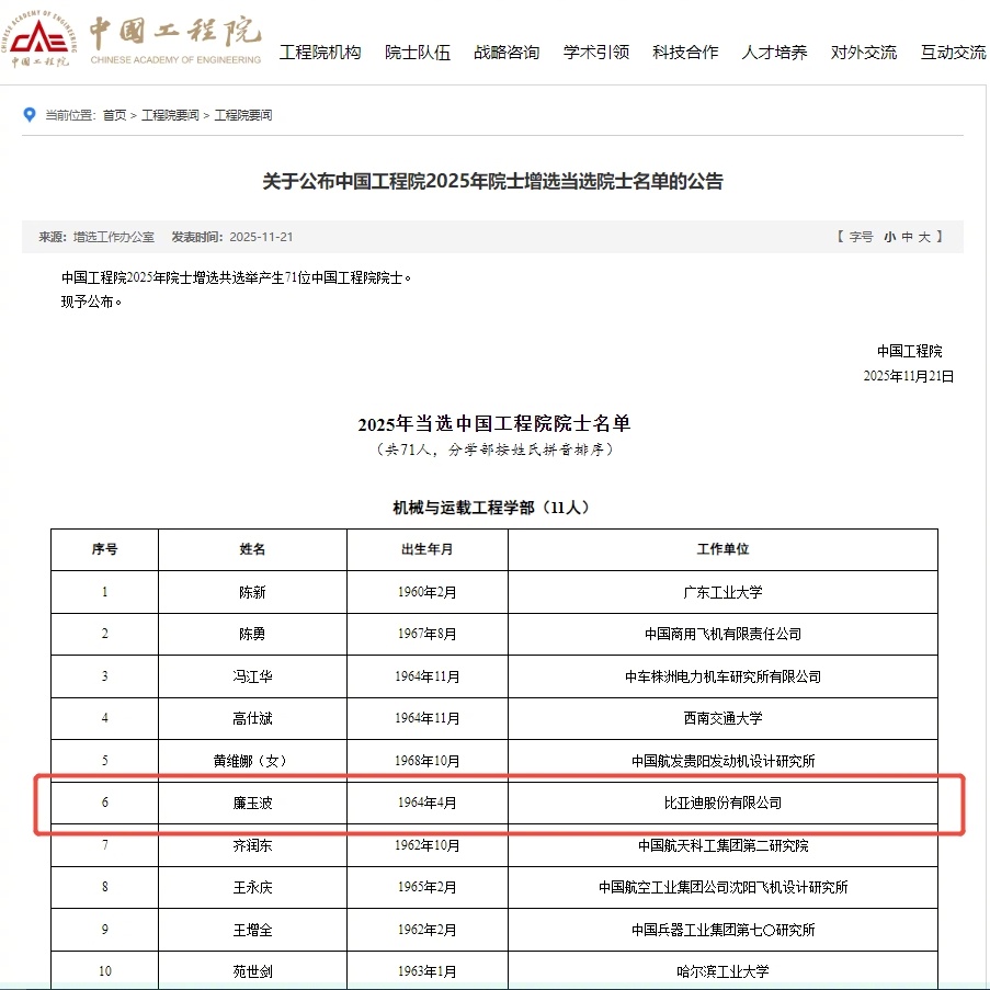 比亚迪又迎来一个里程碑时刻！集团首席科学家廉玉波当选中国工程院院士，这是中国工程