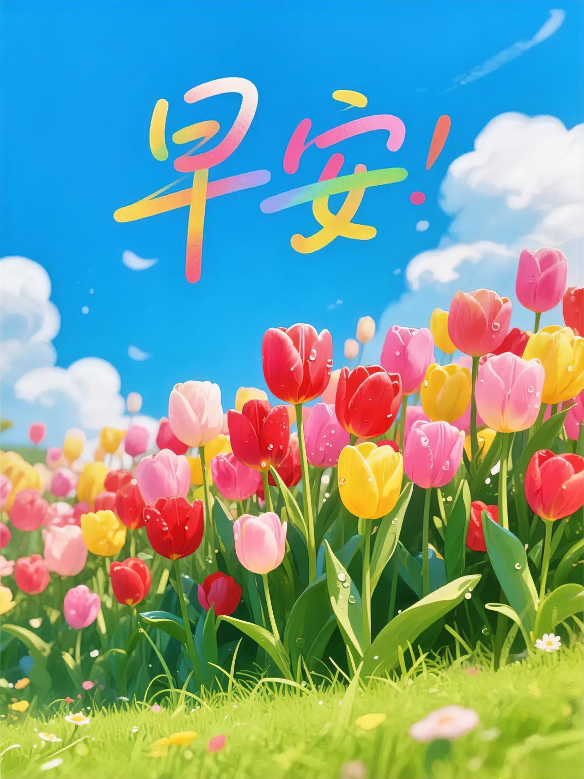 早安！蓝天白云下，彩虹字与满园盛开的郁金香，一同将美好与快乐赠予你！
分享早安美