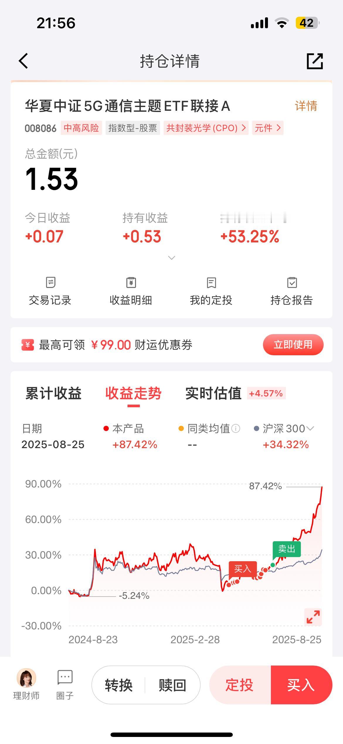 5G通信卖出后留了1块钱，现在收益率已经涨到了53%，一卖就飞，真是太可怕了！