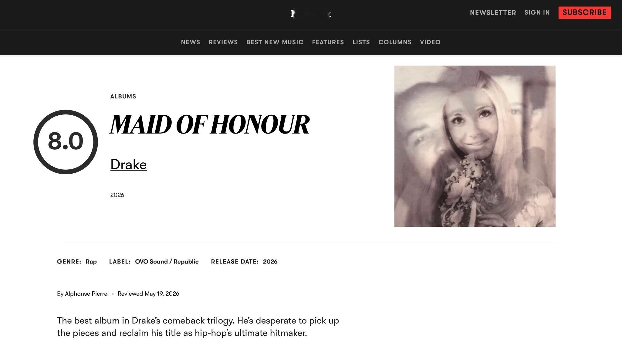 【乐评速递】Drake 三张全新专辑之一『MAID OF HONOUR』获乐评机