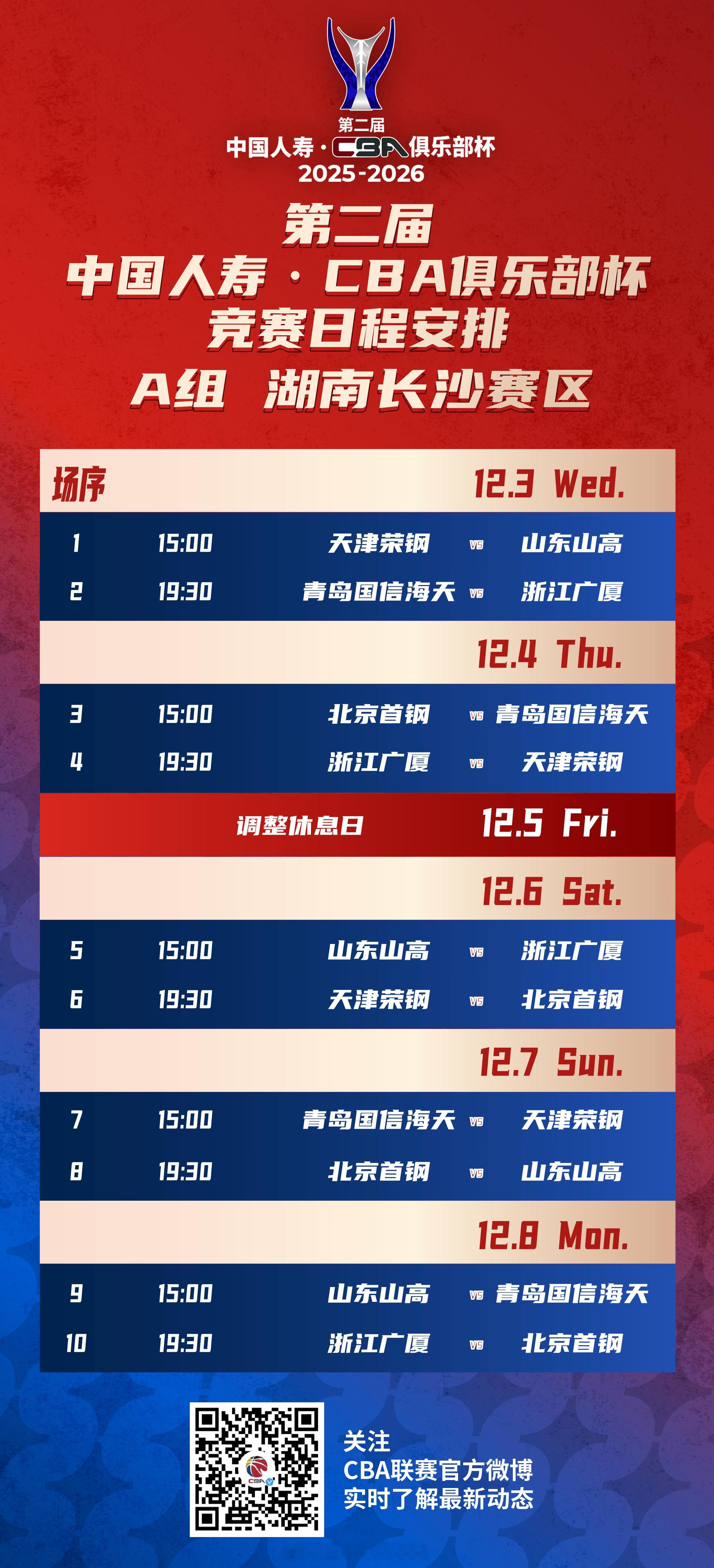 第二届CBA俱乐部杯小组赛赛程出炉！小组赛将于12月3日-8日在湖南长沙、江西南