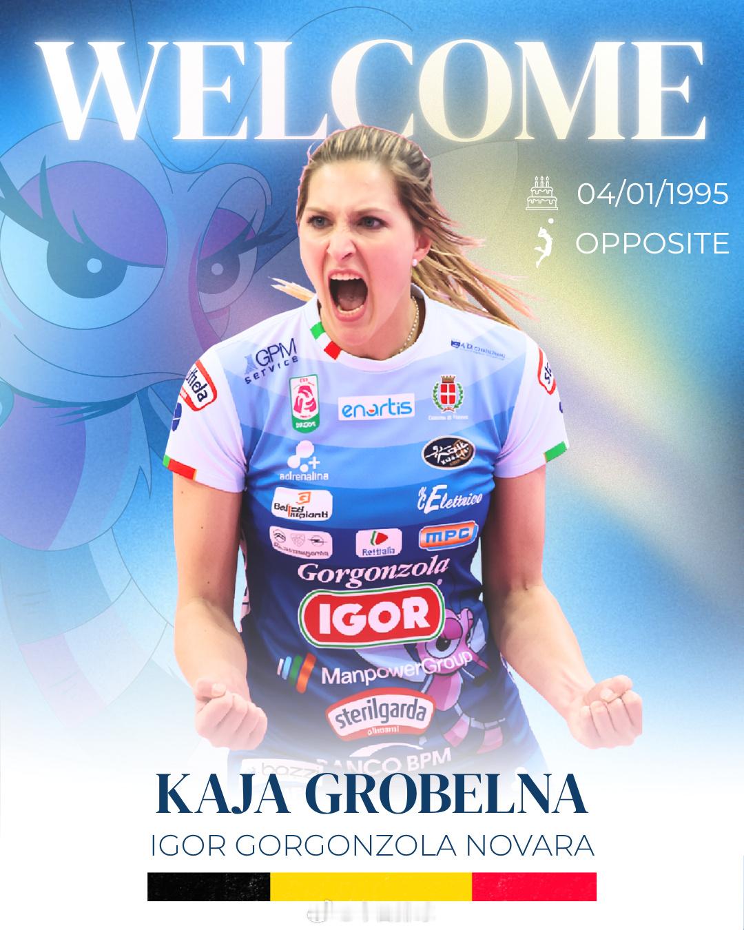 排球明星 诺瓦拉官宣，比利时外援格罗贝尔纳下赛季加盟俱乐部，征战意甲。 