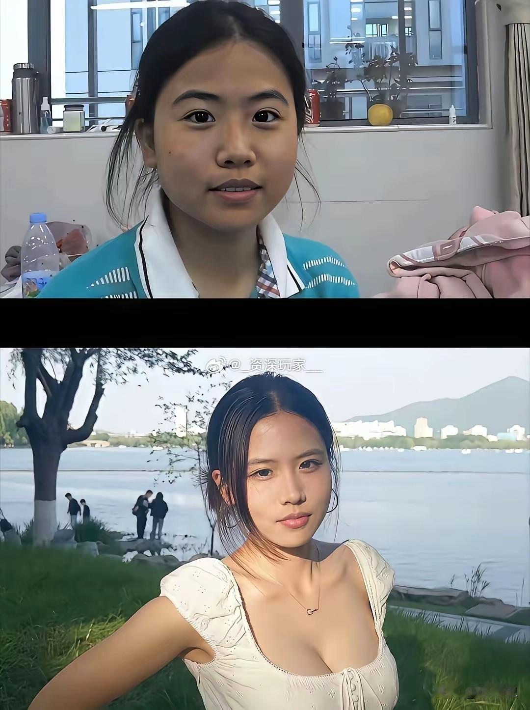 到广东打工三年，人长开了。
在村里黑不溜秋的，没人爱。
广东打工几年气质上升到，