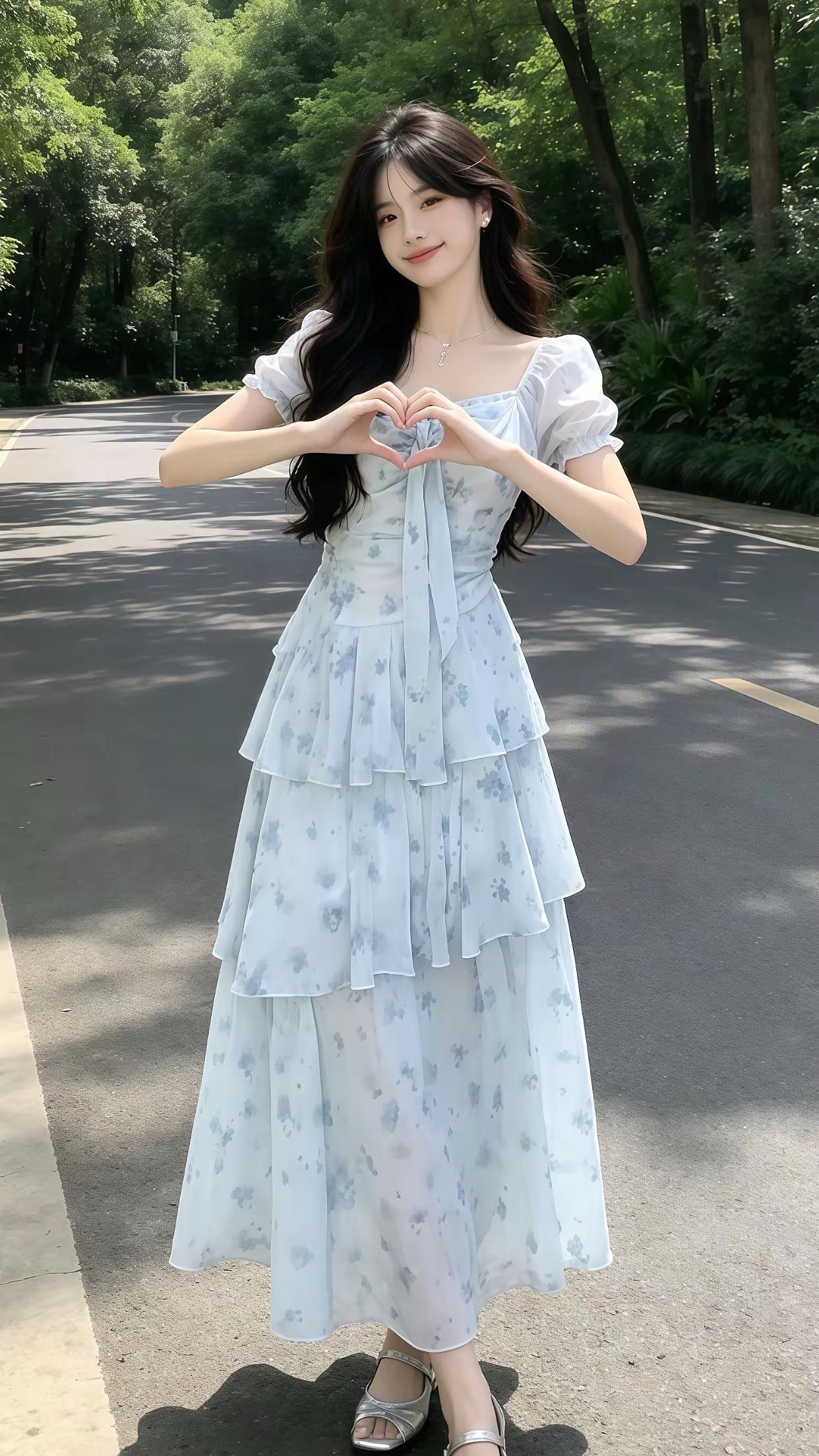 冰蓝碎花方领蛋糕裙，蝴蝶结设计+收腰大摆，飘逸遮肉，仙气拉满，甜妹夏日穿搭天花板