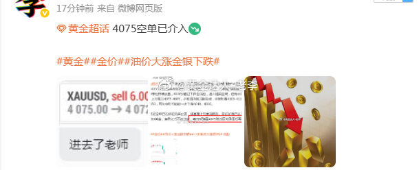 黄金 进场后最低下到4066，呈现90点浮盈后随后震荡拉升，已扫损。黄金金价油价
