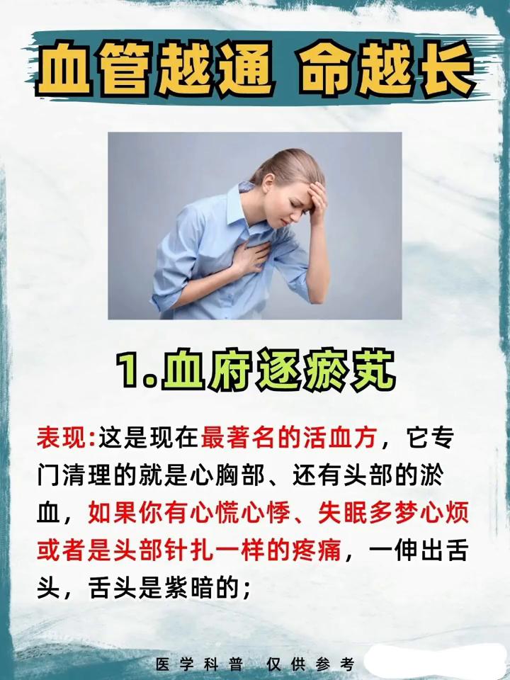 血管越通命越长。
·1.血府逐瘀式。表现：这是现在最著名的活血方，它专门清理的就