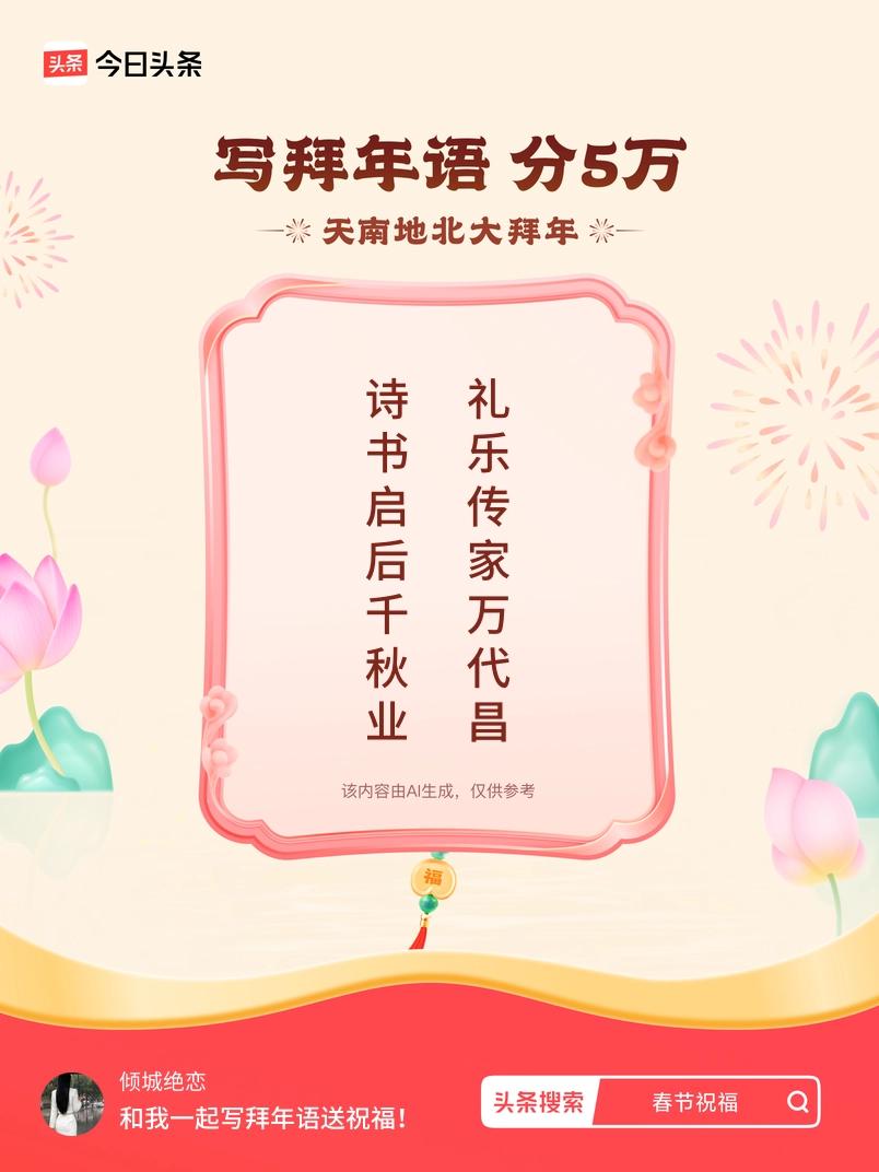 写拜年语送祝福新春拜年送祝福！我的祝福是：“诗书启后千秋业，礼乐传家万代昌”！快