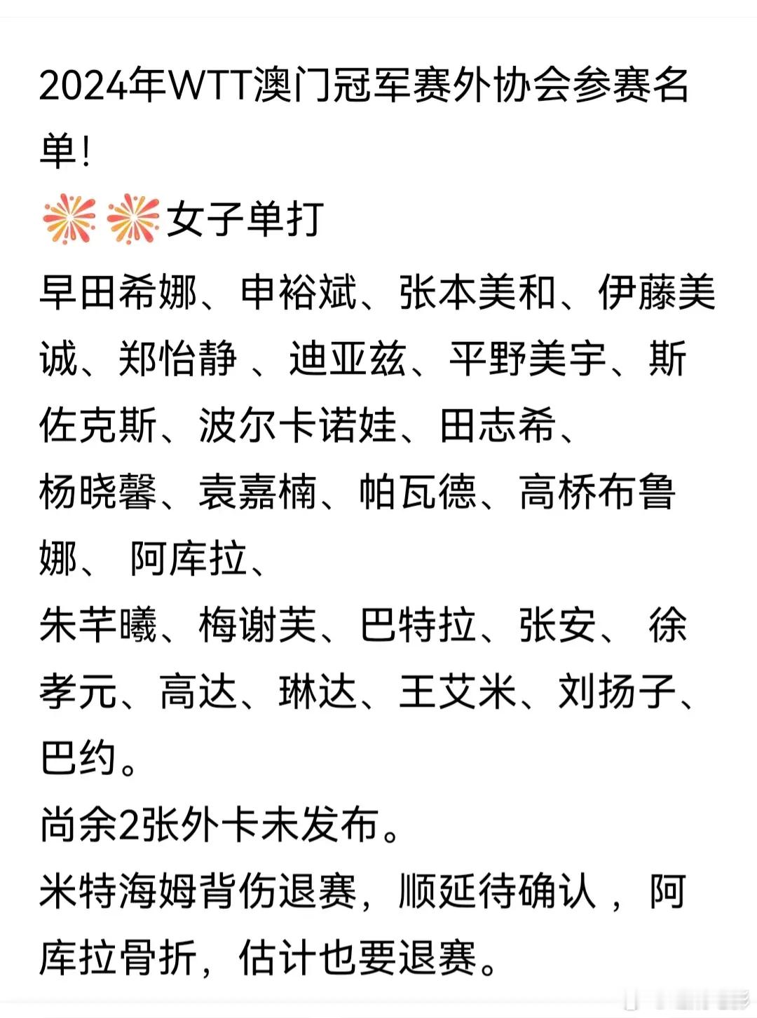 2024年WTT澳门冠军赛参赛名单发布！国乒选手及外协会选手单打比赛参赛名单已发