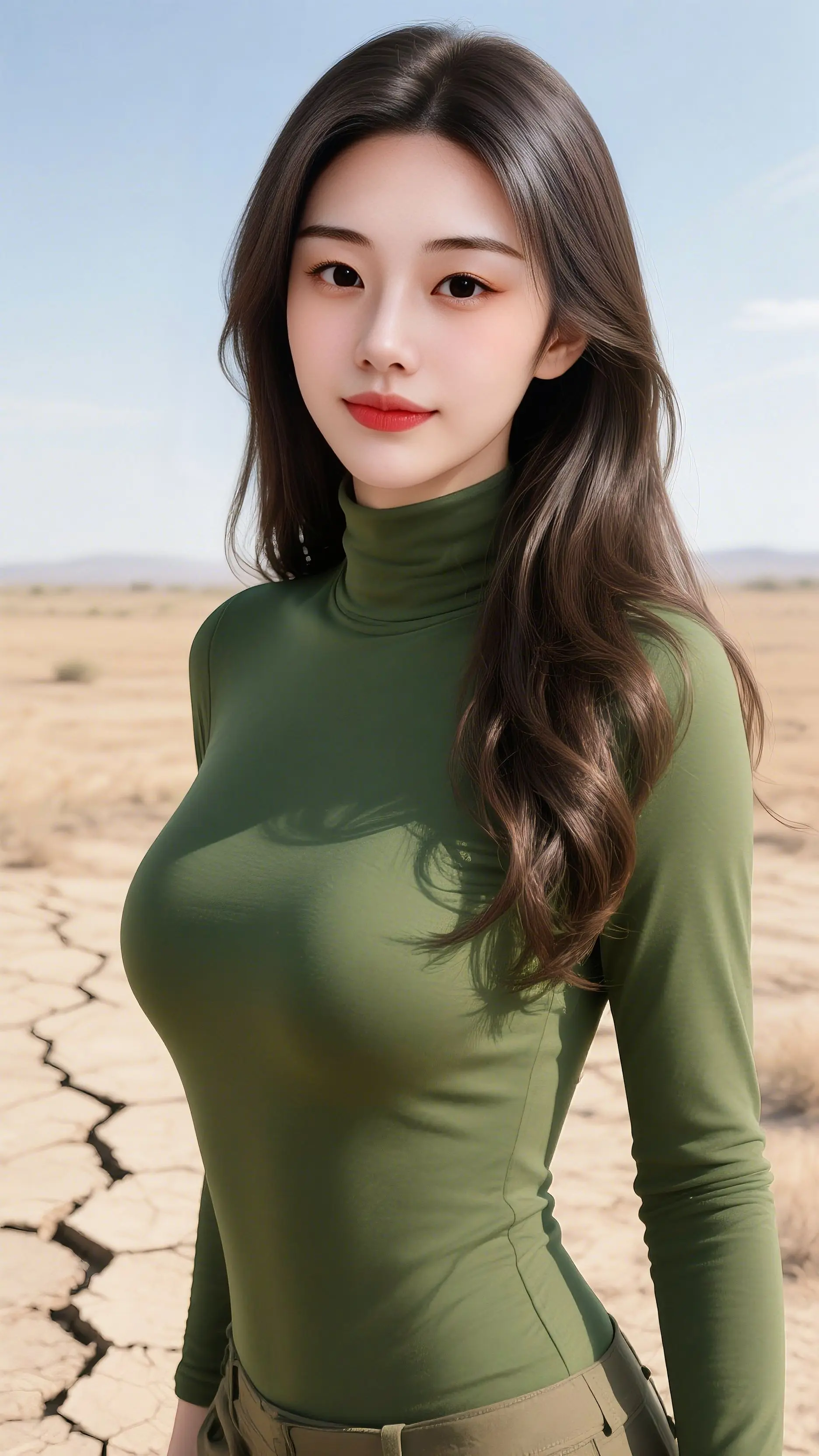 风掠过干裂的土地，把自由写进衣摆里🍂 橄榄绿高领衫裹着利落线条，勾勒...