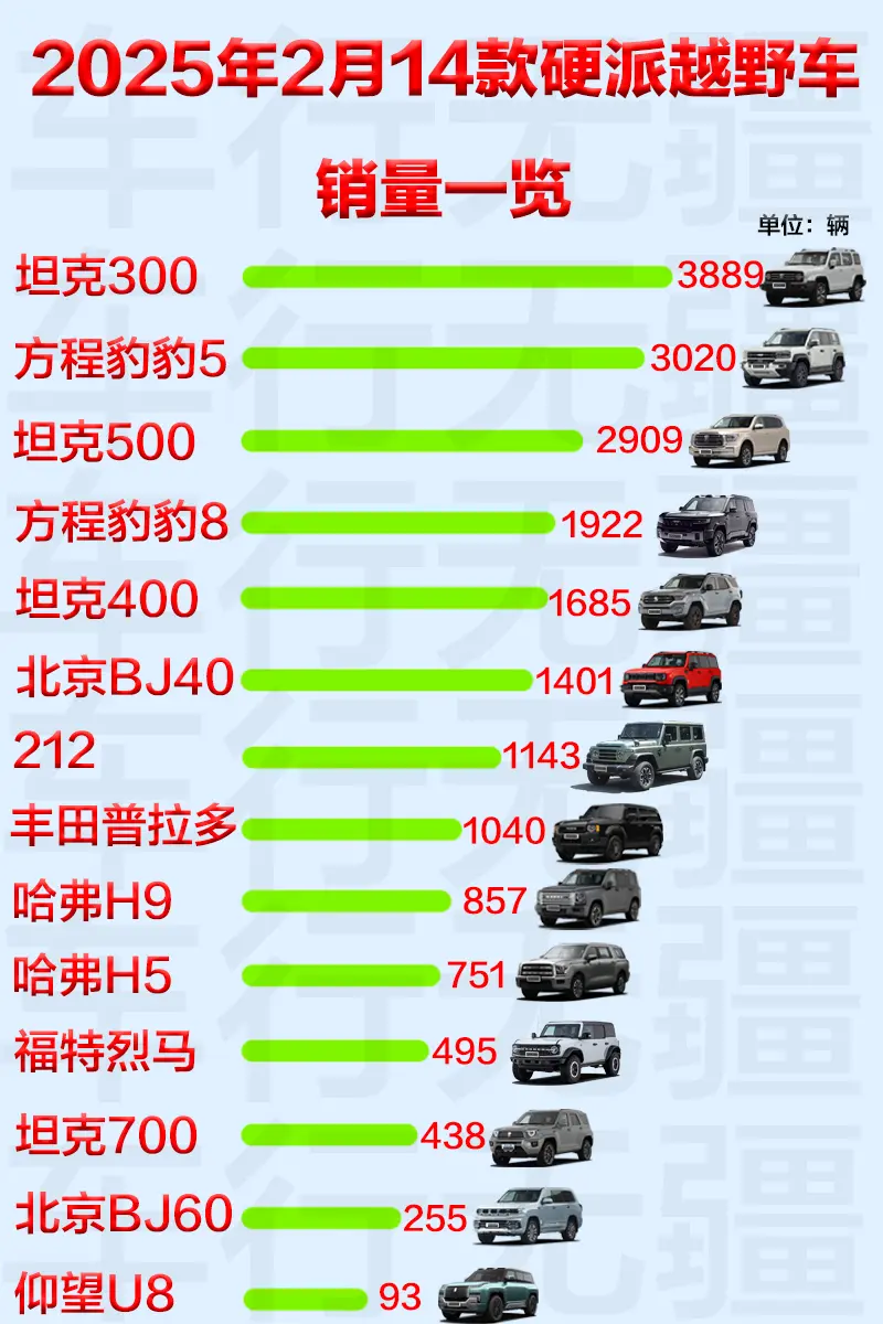 2025年2月份14款硬派越野车销量一览，坦克300重回榜首，豹5紧跟...