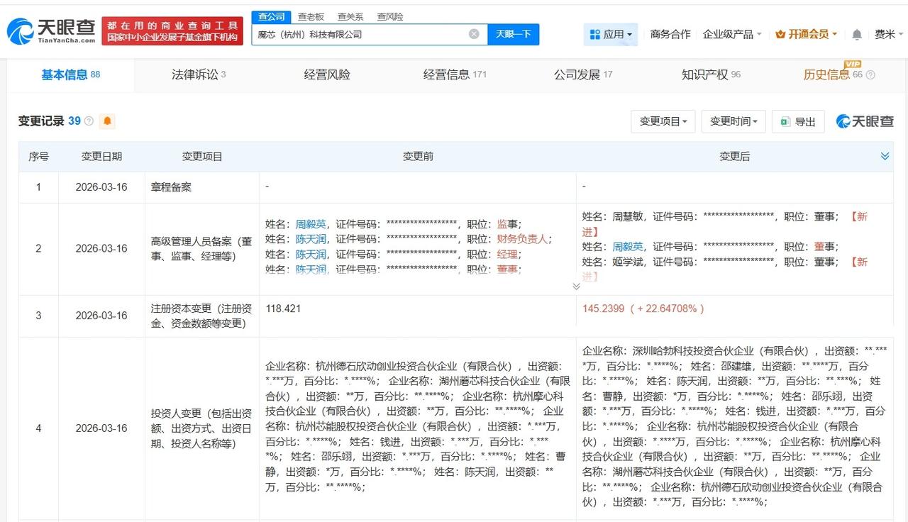 华为哈勃等入股AI应用研发商魔芯科技

天眼查工商信息显示，近日，魔芯（杭州）科