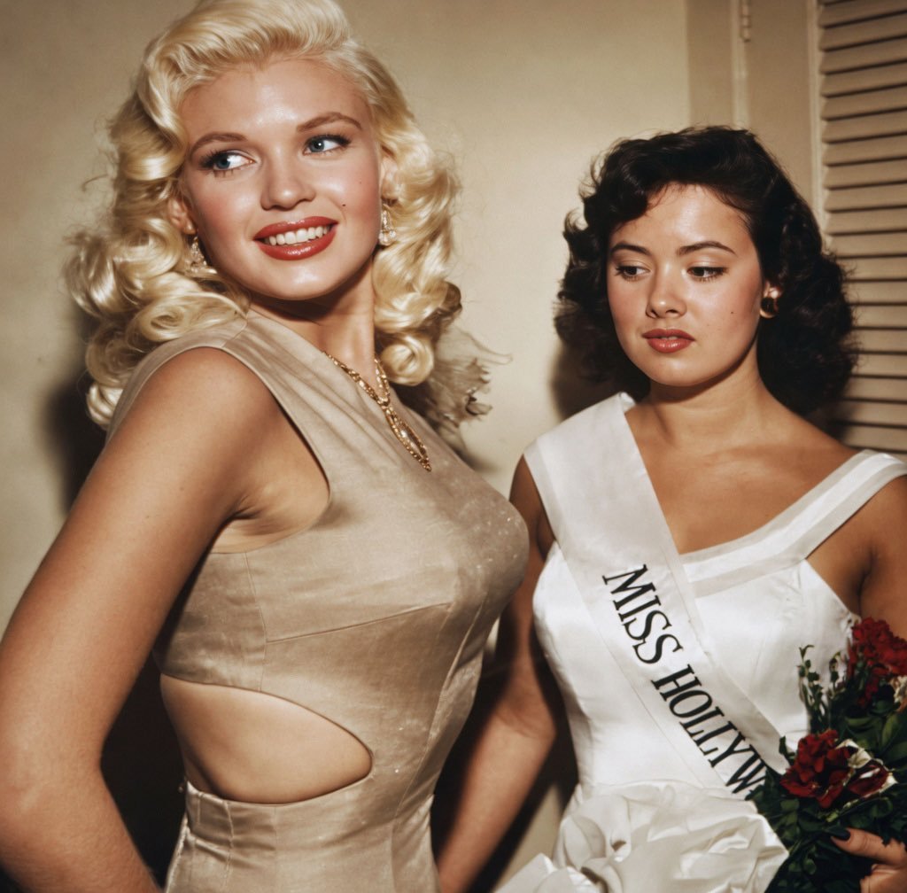 Jayne Mansfield posing with Miss Hollywo
