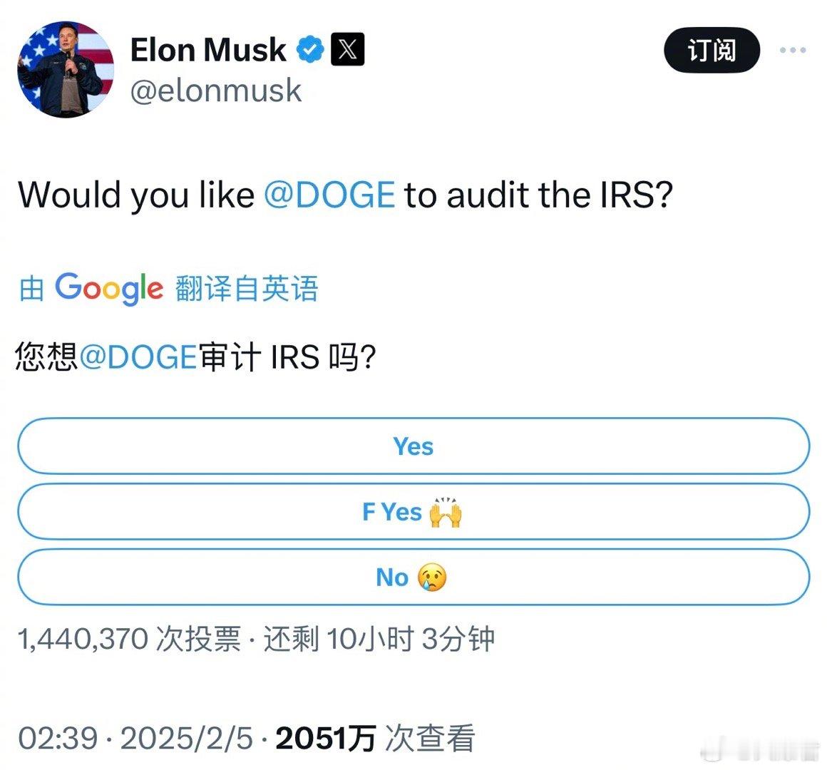 马斯克打算让政府效率部门（DOGE）审计美国国税局（IRS）！[哆啦A梦吃惊]老