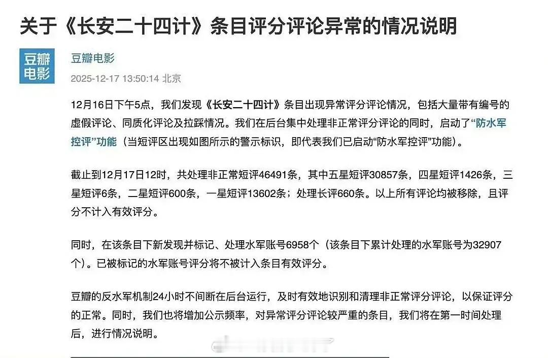 豆瓣回应关于《长安二十四计》评论和评分异常：处理非正常短评46491条，标记、处