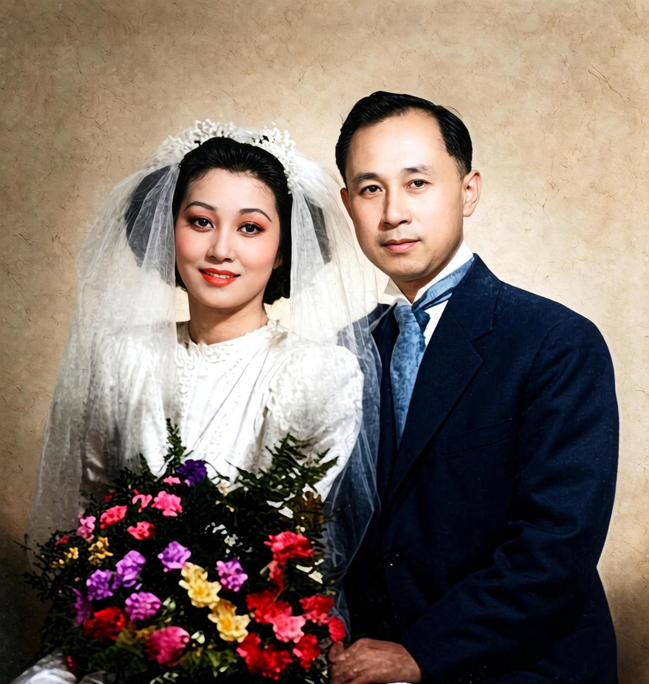 1947年，钱学森与蒋英的婚纱照。9月17日，两人在上海沙逊大厦（即今天的和平饭