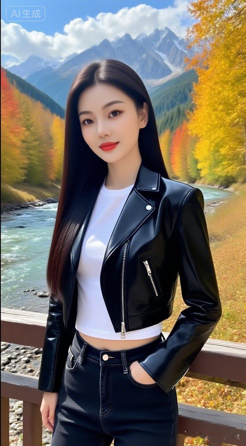 顶级名媛，垂直长发，国泰民安脸，丰腴美艳，优雅从容。黑短外套白T配黑微喇牛仔裤，