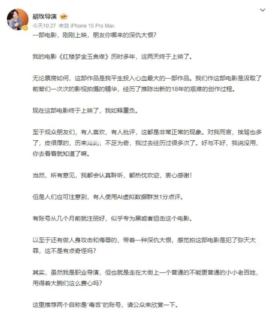 #导演胡玫发文痛斥#上映后胡玫的心态:发文痛斥某些攻击电影的人，并质问“一部电影